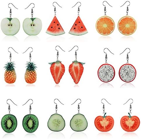 iDMSON Hypoallergenic Handmade Assorted Cute Fruits Acrylic Charm Dangle Drop Earrings For Women Girls Strawberry Pineapple Watermelon Apple Brincos Earrings (9 Pairs)