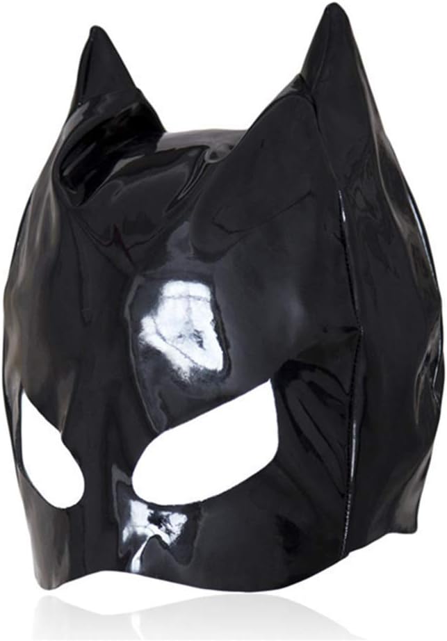 Funny Head Mask Made of Shiny Black Full Grain Leather Cosplay Cat Headband