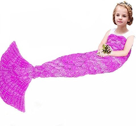 Mermaid Tail Blanket Crochet Mermaid Blanket for Adult and Kids, All Seasons Sleeping Blankets, Warm Soft Living Room Sleeping Bag,Birthday Christmas Gift (Kids, Rose Red)