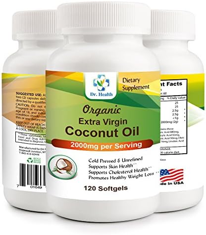 Organic Coconut Oil 2000mg 120 capsules softgels Extra Virgin GREAT for Skin &amp; Hair Health Weight Loss All Natural Cold Pressed &amp; Non-GMO up to 2 months supply