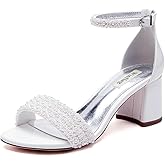 Winflag Low Block Heel Wedding Sandals Beaded Wedding Shoes for Bride Ankle Strap Bridal Heels