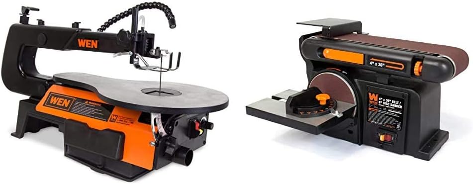 WEN 3921 16-inch Two-Direction Variable Speed Scroll Saw & 6502T 4.3-Amp 4 x 36 in. Belt and 6 in. Disc Sander with Cast Iron Base - - 