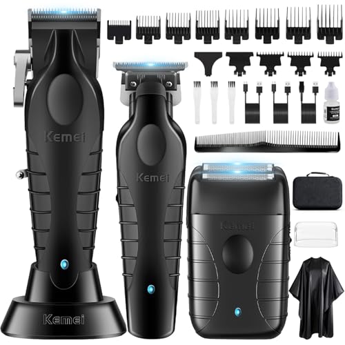 KEMEI Professional Hair Clipper for Men, Cordless T Blade, Complete Hair Cutting Kit with 11 Guides, Fast USB Rechargeable