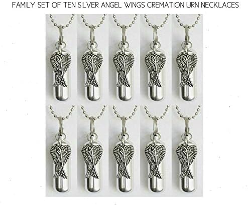 Pasco Specialty Products Large Family Set of 10 Silver Angel Wings Cremation URNS - Includes Velvet Pouches, Ball-Chain Necklaces & Fill Kit - Made in The USA