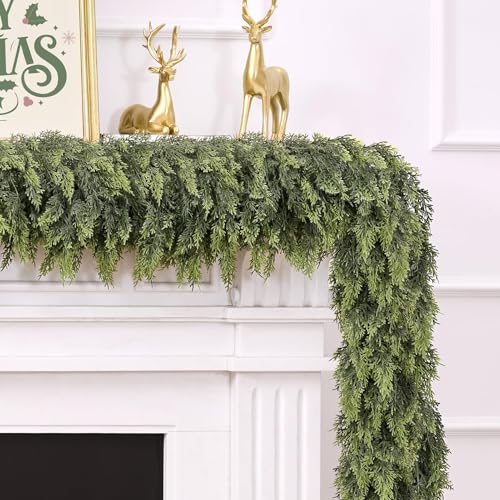 Photo 1 of 6FT Christmas Cedar Garland for Mantle,Realistic Faux Greenery Garland,Soft and Thickness Artificial Pine Garlands for Christmas Mantel Table Outdoor Indoor Xmas Holiday Seasonal Decor