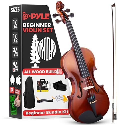 Pyle Geige 4/4 aus Holz – Violine 4/4 geeignet fuer Geiger – inkl. Geigenkoffer, Stimmgeraet, Schulterstuetze, Kolophonium, Ersatzsaiten & Bogen – Anfaengervioline & Fortgeschrittene um Geige zu lernen