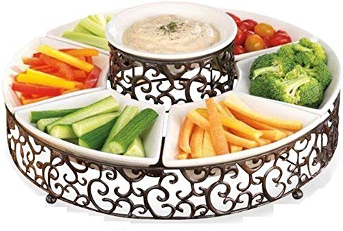 Elegant Serving Platter,7-Piece Section Serving Dish Ceramic and Pressed Metal, Ideal for Appetizers, Salad, Party Bowl, Relish Dish, Chip and Dip Set