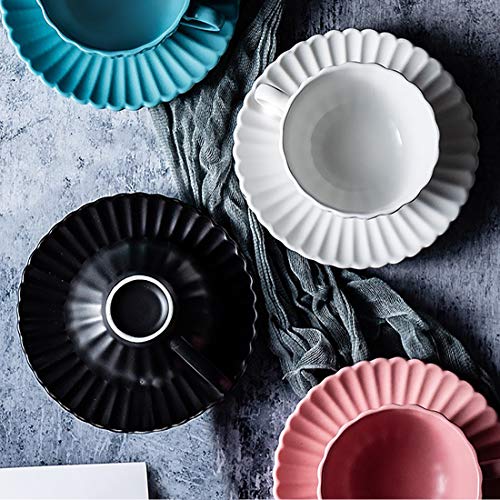 BonNoces Porcelain Tea Cup and Saucers Set, 6 Oz Elegant Matte Petal Shaped Tea Coffee Cup Set, with Flower Spoons and Metal Display Stand, Set of 6 (Black)