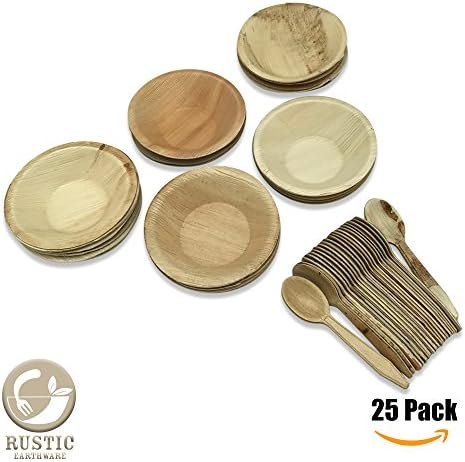 Palm Leaf Round Bowl &amp; Spoon 5" | 25 Pack &amp; Ebook | Eco Friendly Disposable Dinnerware by Rustic Earthware | Compostable &amp; Biodegradable Bowls Made of 100% Natural Palm Leaves