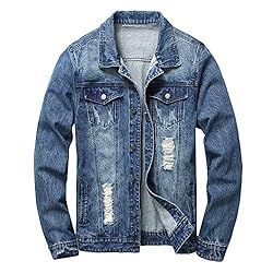 LAMKUKU Mens Denim Jacket Ripped Slim Jean Jacket