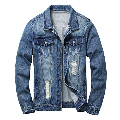 LAMKUKU Mens Denim Jacket Ripped Slim Jean Jacket