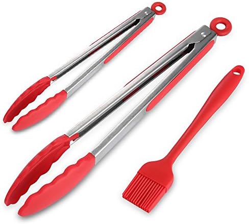 Kitchen Tongs 2 Pack, Heat Resistant Cooking Tongs with Silicone Tips with Brush for BBQ,Salads,Grilling,Serving and Fish Turning,Black