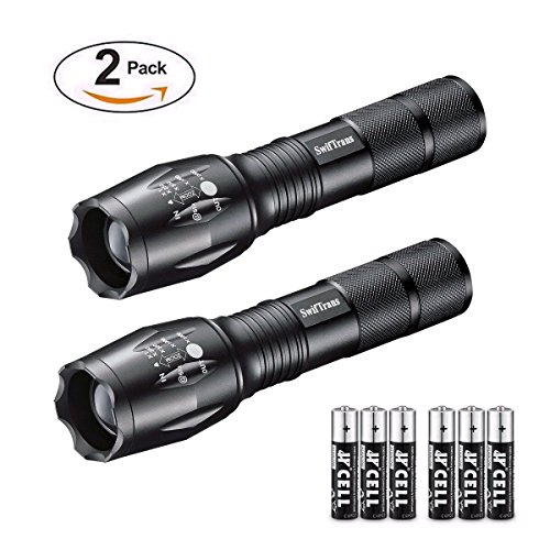 Tactical Flashlight, Swiftrans Ultra Bright LED Flashlight with Adjustable Focus and 5 Light Modes - Zoomable, IPX4 Water-Proof, High Lumens Cree XML T6 LED, 6 AAA Batteries Included(2 pack)