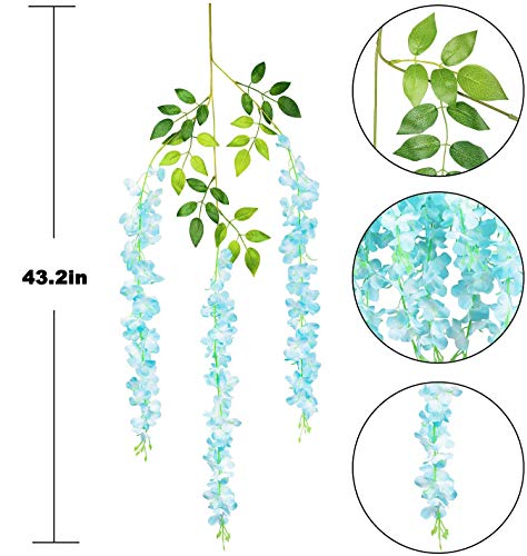 12pcs Artificial Wisteria Flowers 3.6 Feet/Piece Blue Dense Artificial Fake Wisteria Vine Ratta Hanging Garland Silk Flowers String Home Party Wedding Decor（Blue-Dense）