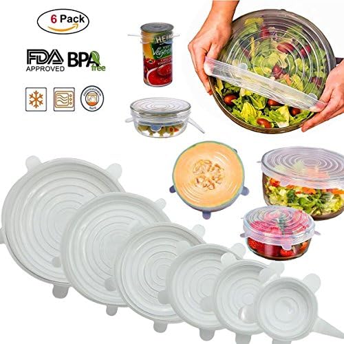 Nasin Silicone Stretch Lids BPA Free Reusable 6 pack Silicon Lids overs Food Saver Covers Various Sizes for Keeping Food Fresh, Perfect for Fruits &amp; Vegetables or Cups, Bowls,Dishes,Cans,Plat (Clear)