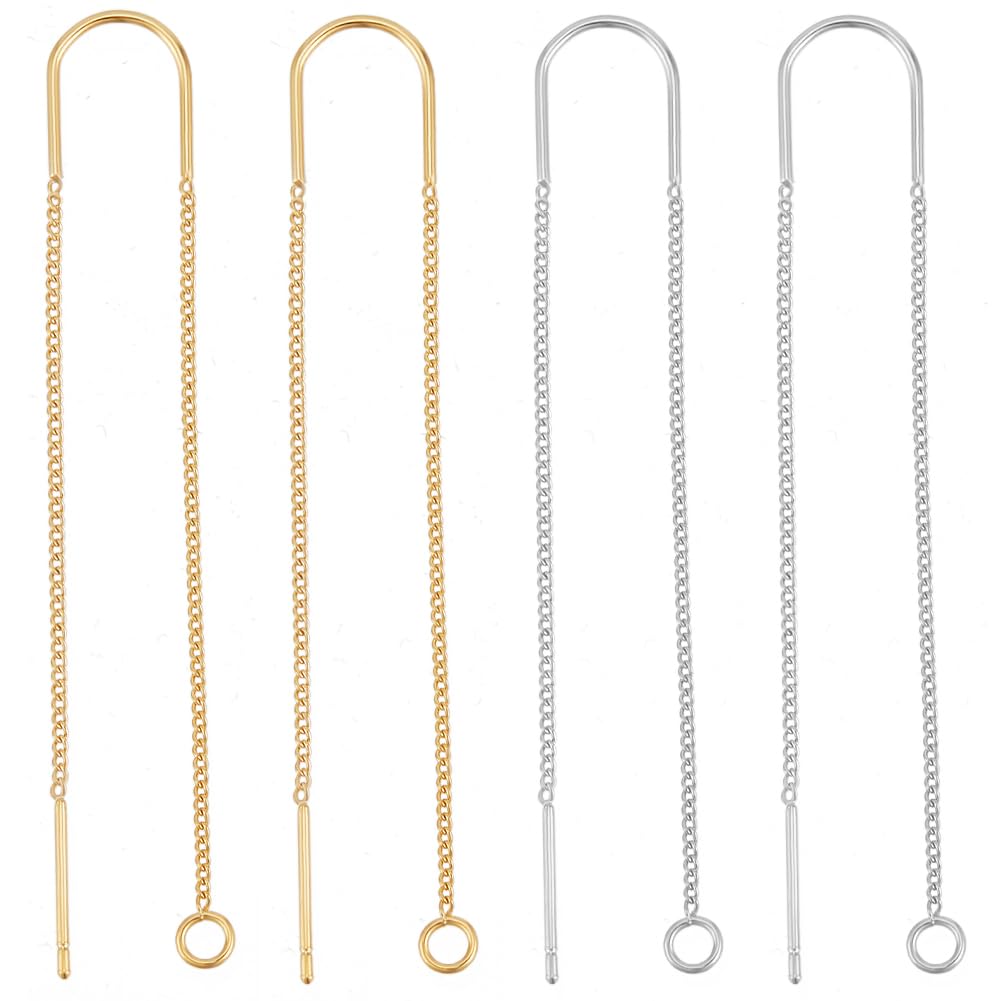 Beebeecraft 12Pcs Gold Silver U-Shaped Threader Earrings with Loop 18K Gold Plated & Platinum Plated 103mm Ear Threads Findings with Storage Box for Jewelry Making Hole:2mm