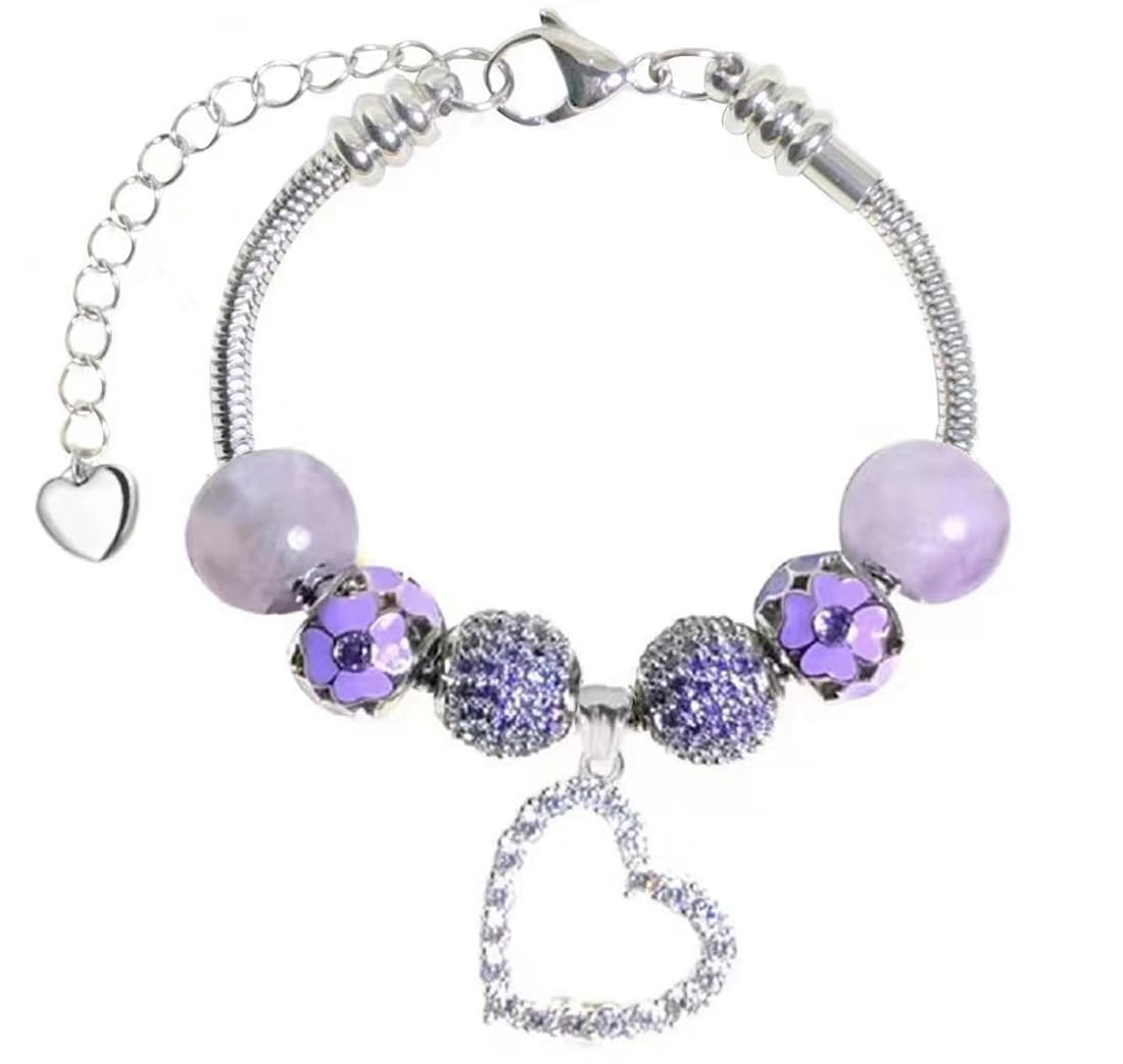 White Birch Large Fit Pandora Bracelets for womens Adjustable Size 23cm to 28cm June Birthstone Violet Purple