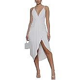 LYANER Women's Boho V Neck Ruched Wrap Slit Hem Sleeveless Spaghetti Strap Midi Bodycon Dress