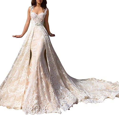 Alanre Women's Mermaid Lace Champagne Bride Wedding Dress With Detachable Train Long 10