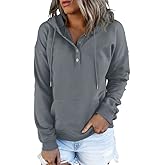 Dokotoo Womens 2025 Hoodies Button Collar Drawstring Hooded Pullover Sweatshirt Casual Long Sleeve Tops Shirts