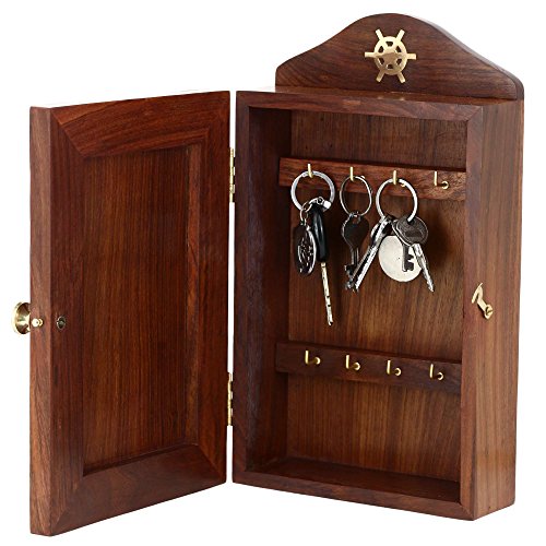 Safe Key Holder Wall Mount Handcrafted Wooden Box Ring Hanger Hooks 7 x