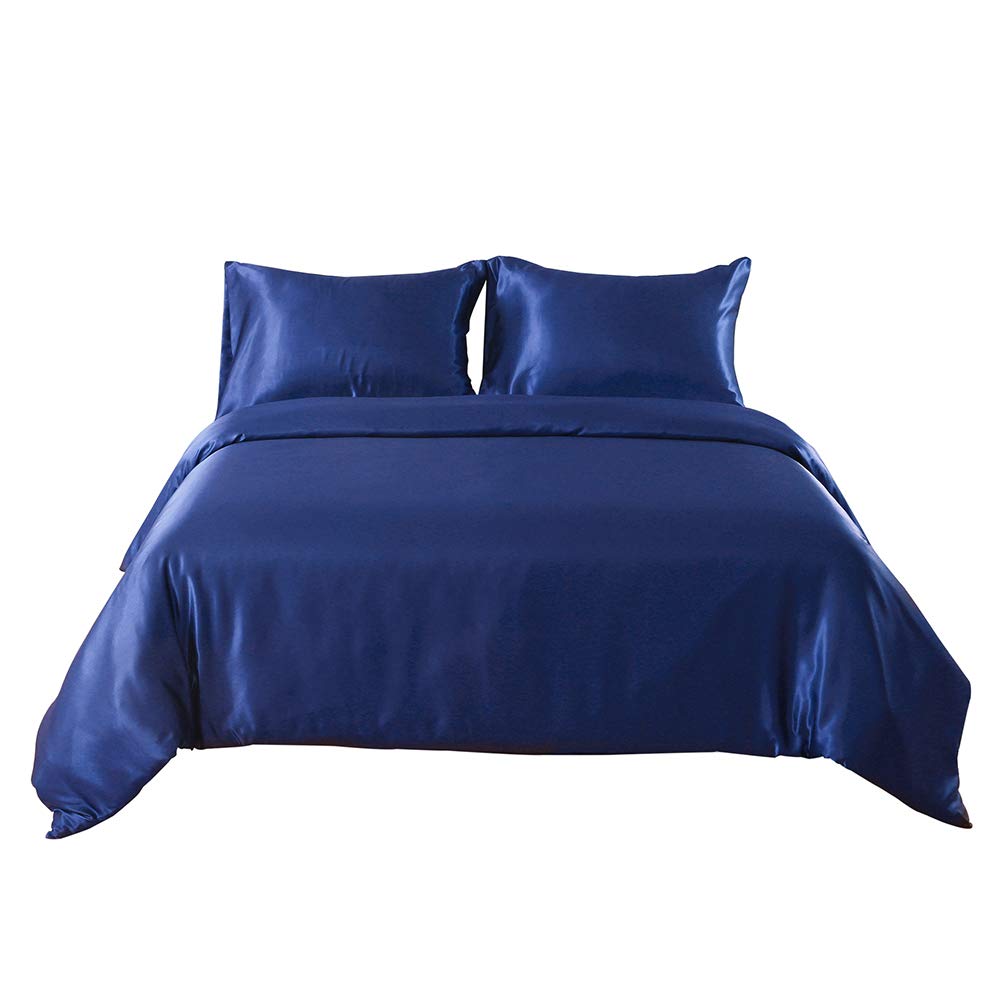 HOTNIU Full Satin Silk Duvet Cover Sets - Soft Silky 3 Piece Comforter Cover Set - All Season, Shiny Vibrant Bedding Set With SHAM (King Size, Navy blue)