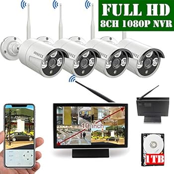 【2020 Update】 10 inch Screen HD 1080P 8-Channel Outdoor Wireless Security Camera System,4pcs 1080P Wireless IP67 Weatherproof IP Cameras,70FT Night Vision,P2P,App, 1TB Hard Drive