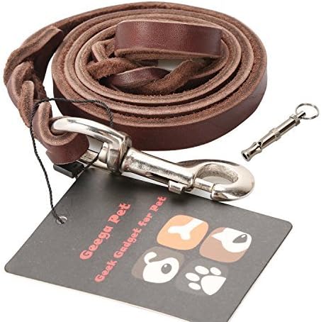 Geega Pet Heavy Duty Sturdy Durable Strong Comfortable Braided Leather Dog Leash for Small Medium Large Size Breed Puppy with Whistle for Outdoor Training Walking (Iron Clasp, 6 Feet 3/4 Inch)