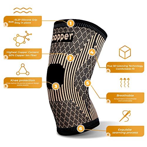 Copper Knee Brace for Knee Pain with Patella Gel Pads and Side
