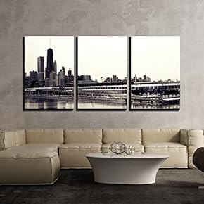 3 Piece Canvas Wall Art - Black and White Image of Buildings - Modern Home Art Stretched and Framed Ready to Hang - 16"x24"x3 Panels