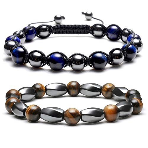 2pcs Tiger Eye Healing Energy Beads Stretch Bracelets, Magnetic Hematite Lava Rock Chakra Black Agate Adjustable Macrame for Men Women