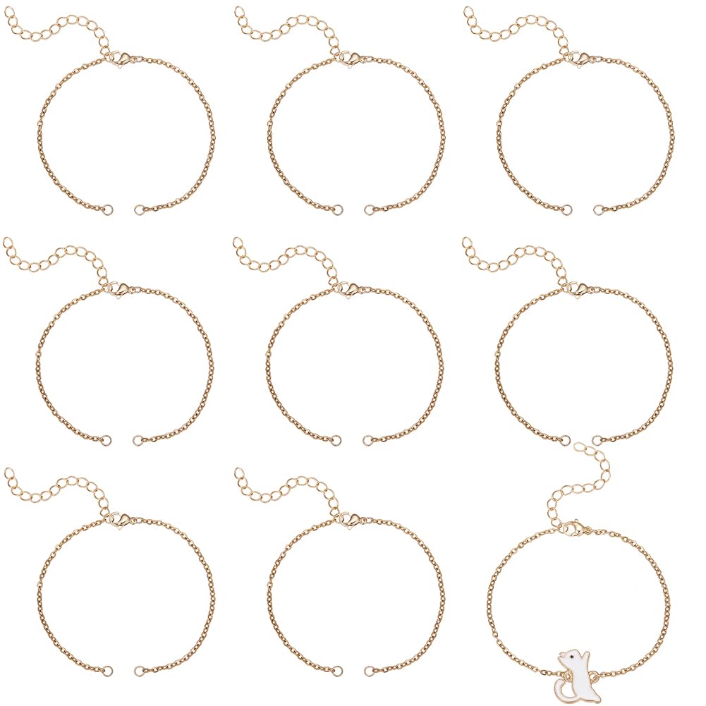Beebeecraft 1 Box 10Pcs 18cm Adjustable Slider Bracelet Stainless Steel Golden Extender Chains Link with Lobster Claw Clasps for DIY Necklace Craft Jewellery Making