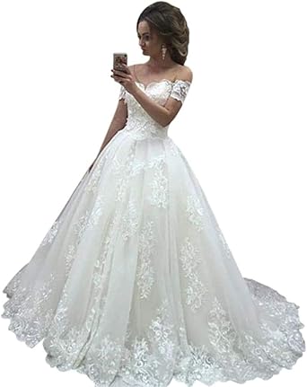 off the shoulder short sleeve wedding dress