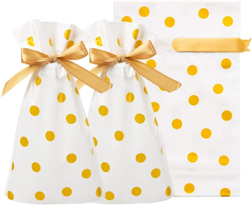 AWELL White Cellophane Bags 6.6x5.8 inch with String for Treat Candy Cookie Party Favor Bags, Gold Dots,Pack of 50