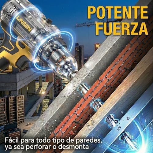 LINSEN Taladro Inalámbrico 21V con 2 Baterías, 0-1500 RPM Velocidad Variable, 18+1 Ajustes de Torque, Kit de Taladro Profesional con Extensión Flexible para Perforar y Atornillar