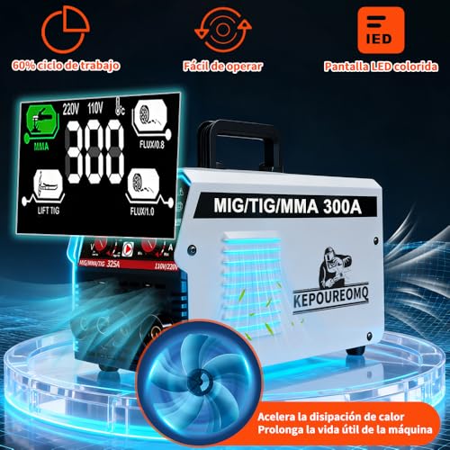 KEPOUREOMQ Soldadora Inversora Portátil de 300A, 3 en 1 Soldadora Inverter de MIG/MMA/TIG, Máquina de Soldar sin Gas, con Voltage Dual 110/220V, 60% Ciclo de Trabajo, Inversor IGBT, LED Pantalla, IP21