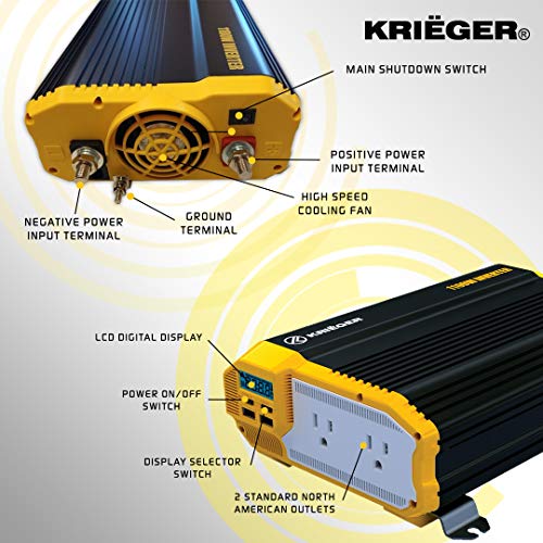 Krieger 2000 Watts Power Inverter 12V to 110V, Modified Sine Wave Car