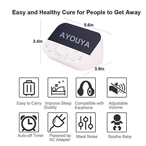 White Noise Machine, AYOUYA Sleep Therapy Machine 28 Soothing Natural Sound with 2×3W Speaker Sleep Timer Adjustable Volume Memory Function Headphone Jack for Light-Sleeper Baby Traveler