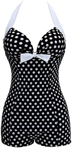 GSHappyGo GSHappy GoRetro Halter Boy-Leg Bow Chest One Piece Swimsuit Push Up Monokinis Black/White US 14-16