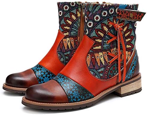 HUIYA Bohemian Style Fashion Ladies Boots Colorful Leather Print Ladies Women's Boots Cowboy Boots Ladies Shoes