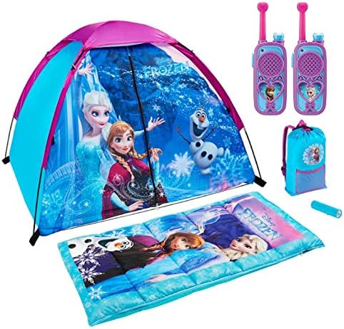 Disney Frozen 6 Piece Kids Camp Kit - Indoor / Outdoor Play Tent, Sleeping Bag, Carry/Storage Bag, LED Flashlight and Walkie Talkies