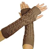 Eforcase Women Lady Girl Knitted Crochet Long Soft gloves Winter Warmer Braided Arm Fingerless Gloves Stretchy Wamer Knitting Thumb Hole Gloves Mittens Winter Hand Warmer Great gift for Xmas(Khaki)