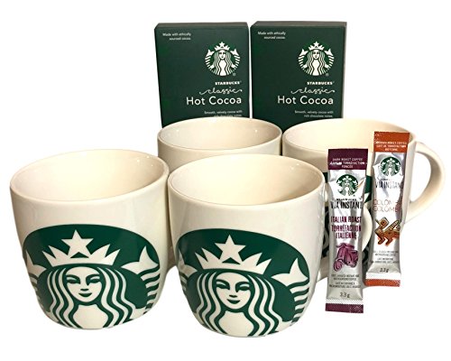 Starbucks Share The Cheer 4 14 Ounce Mugs, 2 Starbucks Via Packets, And 2 Classic Cocoa Packet Bundle