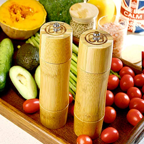 Bamboo Wooden Salt and Pepper Mill Set with Stand, Ceramic Grinder Blades with Adjustable