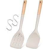 Pack of 2 Silicone Spatula, Non Stick Cooking Utensil Set Wooden Handle Kitchen Turner for Baking Mixing Grilling Serving Food Heat Resistant Non Scratch Hooks Included (Khaki)