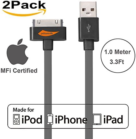 [Apple MFI Certified] 2Pack Yellowknife® 3.3ft/1m Noodle Flat 30Pin to USB Data Sync Charger Cable Charging Cord for Apple for iPhone 4s 4 3GS iPad 1 2 3 iPod Touch 4th iPod Nano 6th Gen - Grey