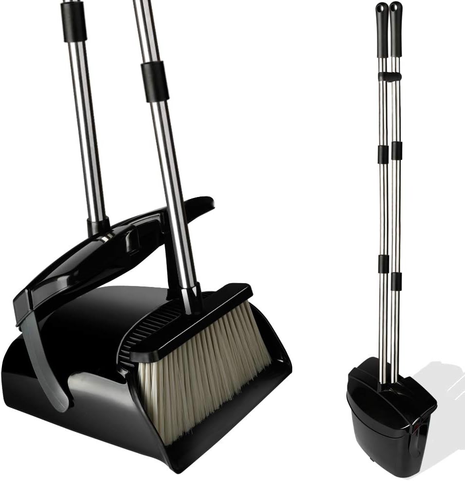 Broom and Dustpan Set with Lid, Stainless Steel Long Handle and Light Weight Lobby Broom Combo, Upright Dust Pan Ideal for Home, Kitchen, Room, Office Use by QJQBMAI: Health & Personal Care