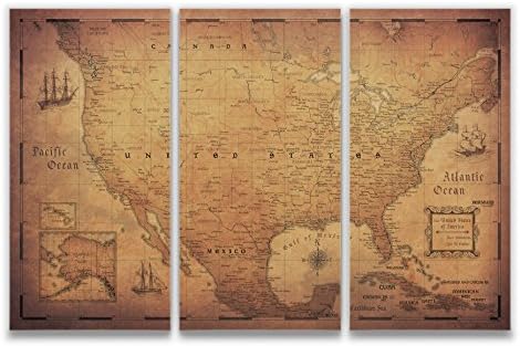 Conquest Maps Map Cork Board - Travel Map of United States Golden Aged Style Push Pin Travel Map, Track Your Adventures w/a Handmade Unique w/Push Pins (48 x 32 Inches (3 Panel))