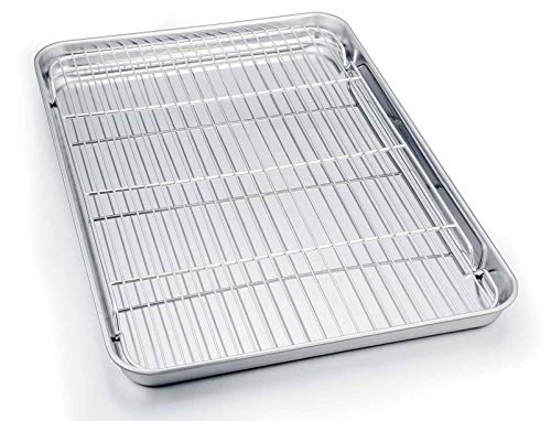 TeamFar Baking Sheet with Cooling Rack, Stainless Steel Half Size Cookie Sheet Pan and Baking Rack Set, 20’’×14’’×1’’, Non Toxic & Rust Free, Thick & Heavy Duty, Mirror Finish & Dishwasher Safe
