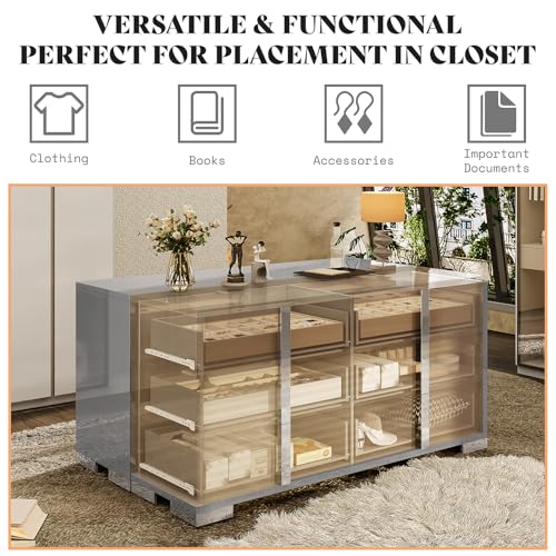 Jocisland 54" W High Gloss 6 Drawers Dressers with Silver Grooved Handles, Modern Storage Chest of Drawers with Wide Tabletop, for Bedroom/Dressing Room/Living Room, Grey